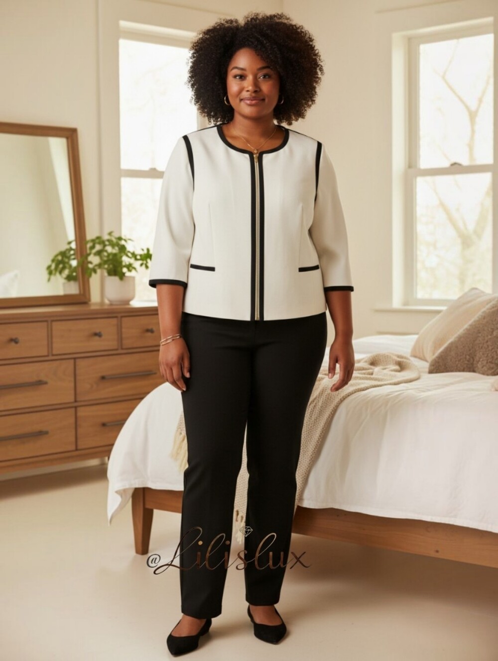Calvin Klein collarless contrast-trim zip-front blazer in a women's plus size 18 - Picture 13 of 16